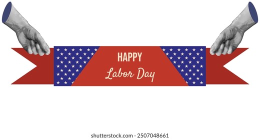 Halftone collage with happy Labor Day ribbon isolated transparent background. Nostalgia holiday template design with Halftone hand and festive Ribbon. Vector illustration for web design.