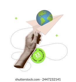 Halftone collage holding paper airplane with globe. 22 April Banner template for holiday banner. Climate change and ecological problems. Vector vintage illustration.