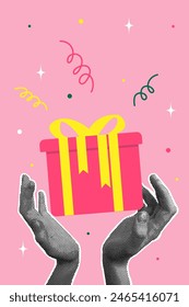 Half-tone collage. Holiday concept, cheerfulness. Human hands holding a gift box. Vector illustration for greeting card, invitation, web banner, social media banner, marketing material. Vector 