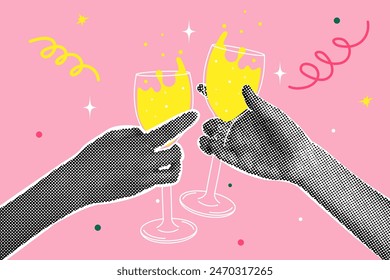 Half-tone collage. Holiday concept, cheerfulness. Human hands with champagne glasses. Vector illustration for greeting card, invitation, web banner, social media banner, marketing material