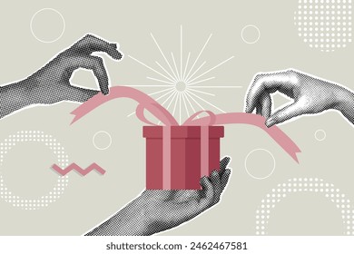 Half-tone collage. Holiday concept, fun. Human hands opening a gift box. Vector illustration for postcard, invitation, web banner, social media banner, marketing material.