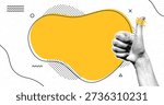Halftone collage with human hands and blank speech bubble. Thumbs up gesture at speech bubble. Pop art halftone style for quotes, questions, announcements, news and social media. Vector