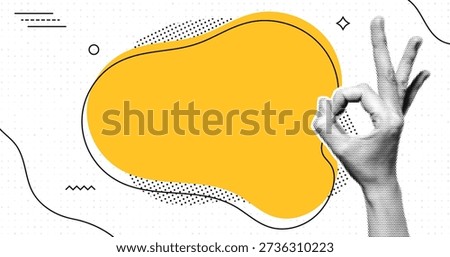 Halftone collage with human hands and blank speech bubble. OK gesture at speech bubble. Pop art halftone style for quotes, messages, announcements, news and social media. Vector