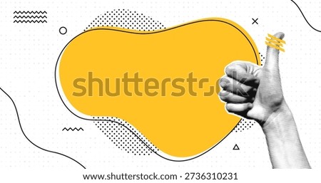 Halftone collage with human hands and blank speech bubble. Thumbs up gesture at speech bubble. Pop art halftone style for quotes, questions, announcements, news and social media. Vector
