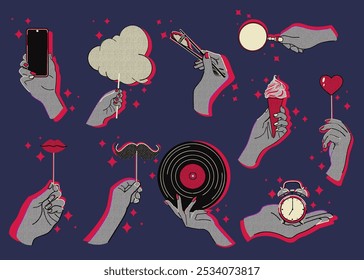 Halbtoncollage für menschliche Hände. Unterschiedliche Gesten-Sammlung. Verschiedene Hände, die Objekte halten, knurren punktierte Sticker. Retro-Illustration mit Doodles.