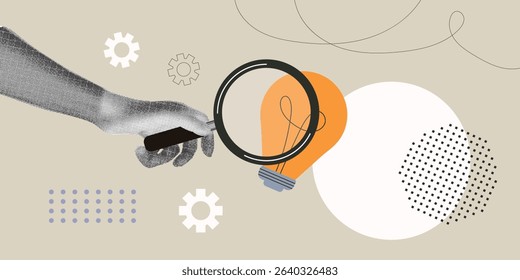 Halftone collage idea search. Hand holding magnifying glass with lightbulb. Smart thinking, bright vision, clue, solution, insight.  Find target. Trendy retro vector illustration.