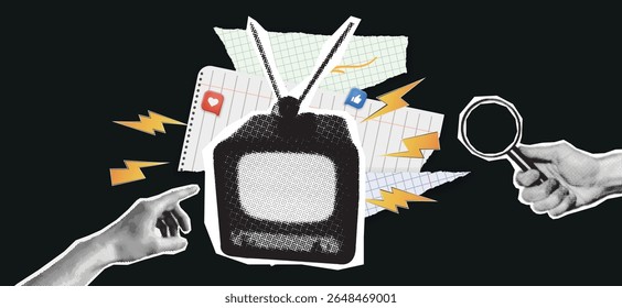 Ilustração colagem de meio-tom com uma televisão vintage com um mockup de tela vazia. Uma mão aponta para a tela, enquanto a outra segura uma lupa.