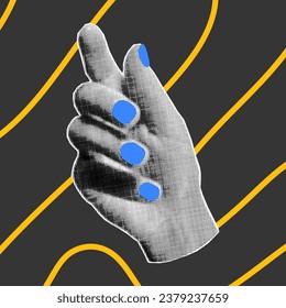 Ilustración de collage de semitono de gesto de mano con clavos de neón azul cortos sobre fondo oscuro. Elementos de doodle amarillo brillante, salón de uñas.