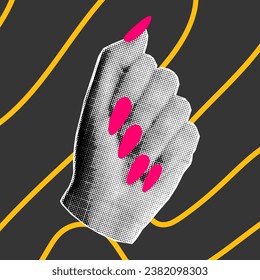 Halftone collage illustration of hand gesture with neon pink nails on dark background. Yellow bright doodle elements.