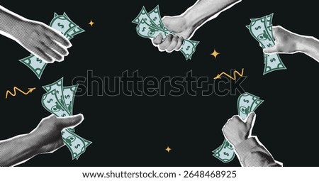 Halftone collage illustration with multiple cutout hands holding dollar bills, arranged around a blank central space for custom design or message