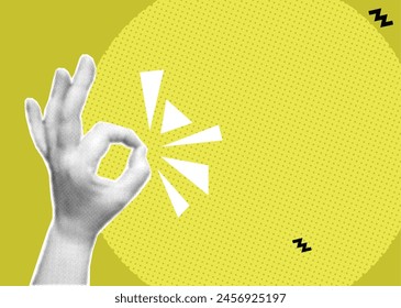 halftone collage, illustration  woman's hand shows ok gesture, modern abstract pop art magazine style, vector design