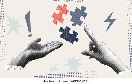 Halftone collage invest banner with hand, puzzle. Growth finance business and marketing. Concept with halftone hand. Vector contemporary illustration