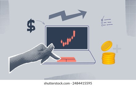 Halftone collage invest banner with hand, laptop. Growth finance business and marketing. Concept with halftone hand. Vector contemporary illustration