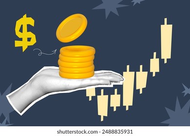 Halftone collage invest banner with hand, money. Growth finance business and marketing. Concept with halftone hand. Vector contemporary illustration
