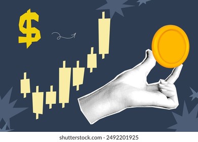 Halftone collage invest banner with hand, money. Growth finance business and marketing. Concept with halftone hand. Vector contemporary illustration