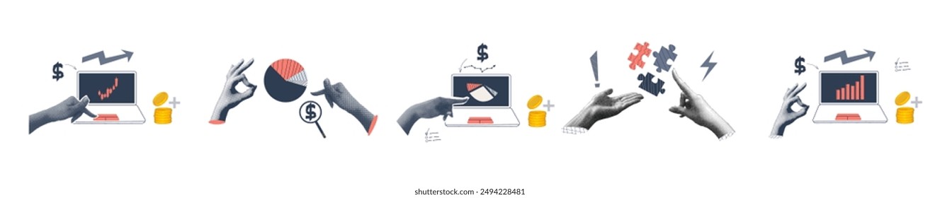 Halftone collage invest set with hand, laptop, puzzle. Growth finance business and marketing. Concept with halftone hand. Vector contemporary illustration