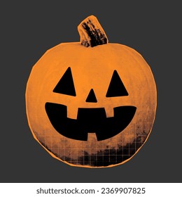 Halftone collage of jack-o-lantern on a gray background. Smiling pumpkin, clipart element.