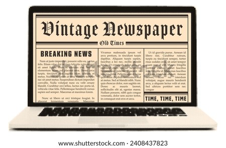 Halftone collage laptop. Vintage style. Newspaper on screen. Isolated vector.