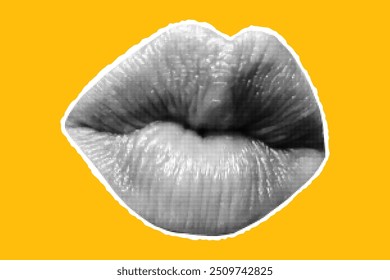 Halftone collage lips cut out from newspaper. Textured dotted paper element on bright yellow background, sticker in the shape of mouth.
