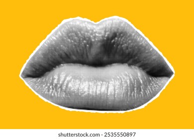 Halftone collage lips cut out from newspaper. Textured dotted paper element with jagged edges on bright yellow background, sticker in the shape of a mouth.