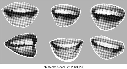 colagem de meio-tom de lábios, dentes e língua com sorriso estilo pop pontilhado. 
