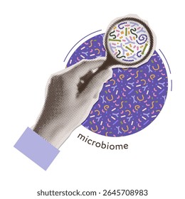 Colagem de meio-tom com Lupa mostrando microbioma, benéfico, bactérias patogênicas na xícara de petri. Conceito de probióticos e saúde intestinal. Ilustração do vetor vintage