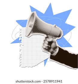 Halftone collage - male hand holding loudspeaker. Breaking news concept or sale announce with abstract geometric elements and torn out paper. Isolated Contemporary vector illustration