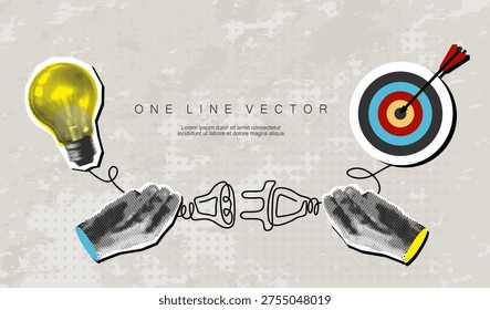 Halftone Collage man connects light bulb and arrow on target circle, dart board. Modern collage design. Successful business performance. Financial success. Business data graph. Achieving high results