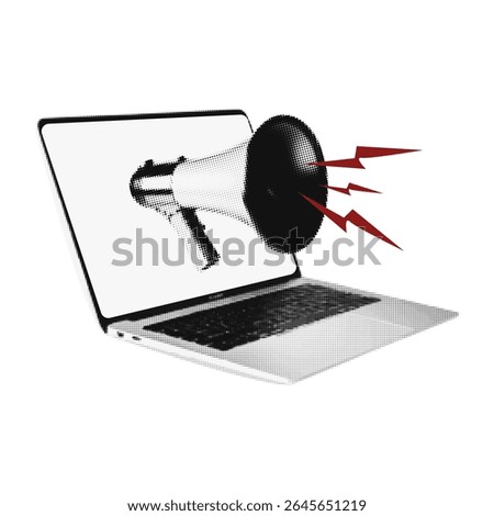 Halftone collage with megaphone emerging from laptop. Social media news and propaganda. Trendy retro vector illustration for mixed media design isolated on transparent background.