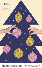 Halftone collage for Merry Christmas and Happy New Year. Hands decorating a Christmas tree with golden glitter baubles. Vector illustration for greeting card,invitation, web banner,social media banner