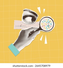 Colagem de meio-tom com microbioma e pesquisa de saúde intestinal. Dobramento da mão Lupa mostrando bactérias benéficas. Ideal para tópicos de saúde e bem-estar, com foco na digestão, probióticos. Vetor