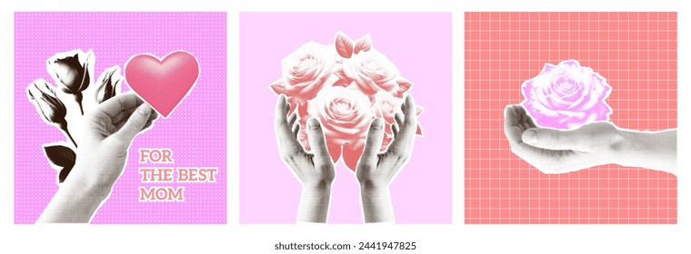 Halftone collage Mothers Day greeting cards set. Hands with bouquet of roses. Trendy vintage magazine mixed media style banner. Vector illustration