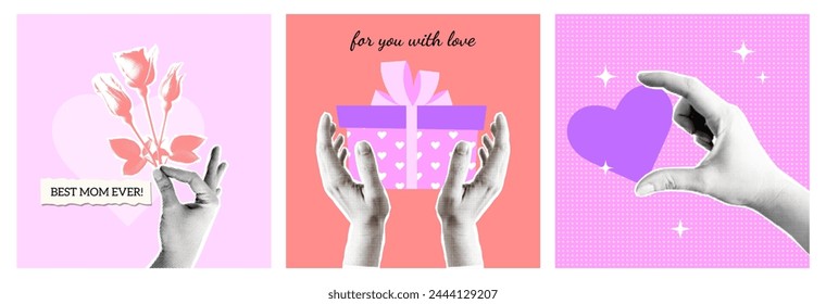 Halftone collage Mothers Day greeting cards set. Hands gives presents. Trendy Gesture person vintage in paper cutout style magazine collection. Vector illustration