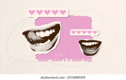 Halftone collage of mouth with feedback and hearts review bar with paper texture. Rating, like comment icons design or Valentine's day banner. Vector vintage illustration