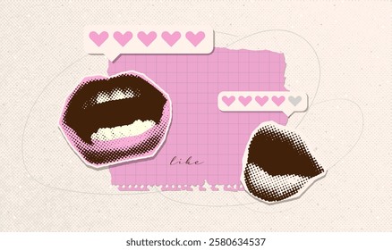Halftone collage of mouth with feedback and hearts review bar with paper texture. Rating, like comment icons design or Valentine's day banner. Vector vintage illustration