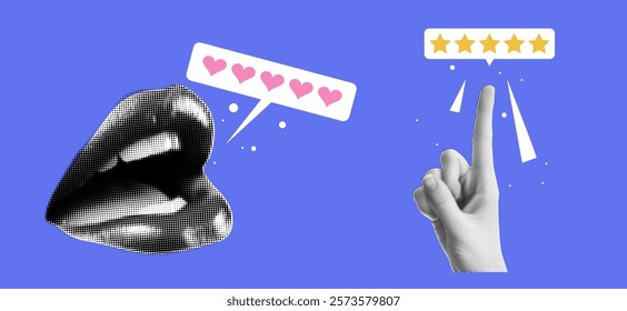 Halftone collage with mouth, hand and star rating. Collage banner for social media and feedback or comment concept design.