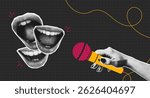 Halftone collage mouths and microphone in hand. Collage banner would be fine for interview, podcast, news, public speaker or karaoke and singing. Halftone open mouth and mic. Vector illustration.