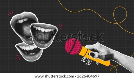 Halftone collage mouths and microphone in hand. Collage banner would be fine for interview, podcast, news, public speaker or karaoke and singing. Halftone open mouth and mic. Vector illustration.