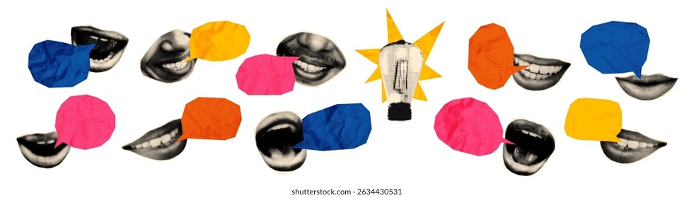 Halftone collage mouths with speech bubble messages. Dotted modern retro urban magazine style pop art dialogue balloons with crumpled paper texture Business idea brainstorm concept vector illustration