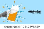 Halftone collage for Oktoberfest decoration. Vector cutout halftone elements for Oktoberfest. Halftone hand raising large beer mug on background of cut out paper with white and blue rhombus.