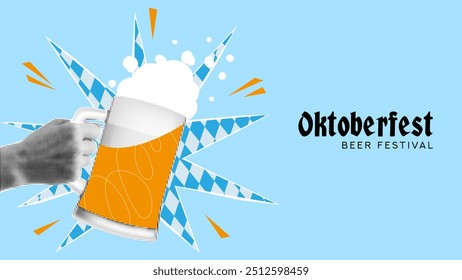 Halftone collage for Oktoberfest decoration. Vector cutout halftone elements for Oktoberfest. Halftone hand raising large beer mug on background of cut out paper with white and blue rhombus.