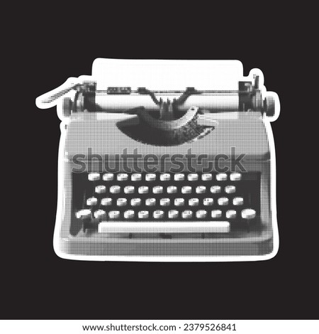 Halftone collage old typewriter on a black background. Vintage typewriter in trendy dotted pop art style.