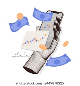 Halftone collage of online trading with smartphone. Funding graph on phone screen concept. Hand holding investing app. Y2k vintage vector trading for business investment vector illustration