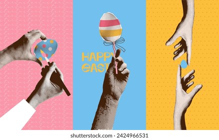 Halftone collage posters set. Hand with Easter egg, decorating egg, celebrating Easter. Minimalistic y2k trendy vector vertical banner templates.