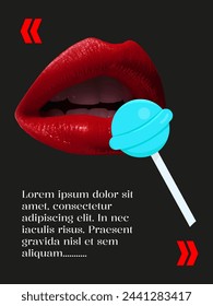 Collage de semitonos con labios rojos y piruleta. Labios rojos con una piruleta azul en un palo. Collage de vectores con elementos gráficos universales, formas geométricas, objeto punteado para su diseño