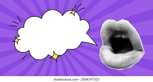 Halftone collage retro banner, mouth and speech bubble, empty space for text, cloud and explosion in a comic style. Paper cut elements, pop art style, lips, purple background.