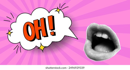 Halftone collage, retro banner with open mouth and speech bubble, expressive inscription oh, cloud and explosion in a comic style. Paper cut elements, pop art style, lips, bright pink background.