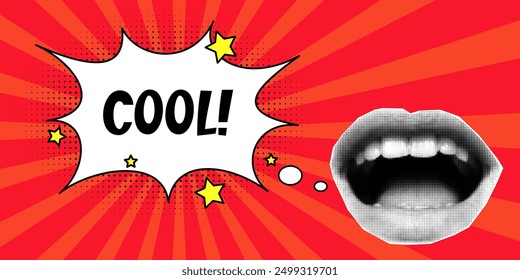 Halftone collage retro banner with open mouth and speech bubble, expressive inscription cool, cloud and explosion in a comic style on a red background. Paper cut elements, pop art style, lips.