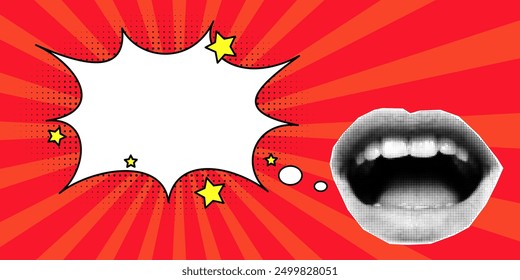 Halftone collage retro banner with open mouth and speech bubble, empty space for text, cloud and explosion in a comic style on a red background. Paper cut elements, pop art style, lips.