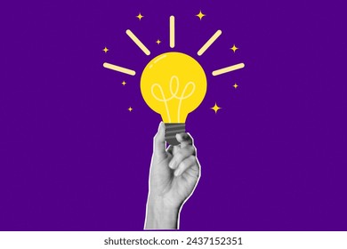Halftone collage retro banner, paper cut out magazine elements. Hand holding flat glowing light bulb on textured purple background. Answer, idea, problem solving or business solution concept.